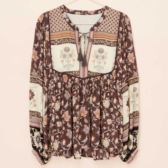 boho gypsy beach floral print tassel tie blouse - Picture 8 of 8
